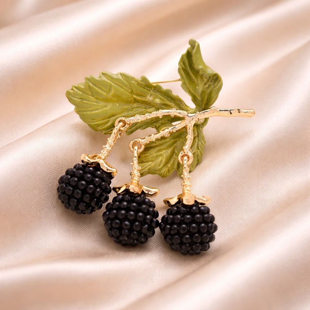 Luxury Blackberry Brooch – Black Berry Statement Pin with Gold Leaf Detail